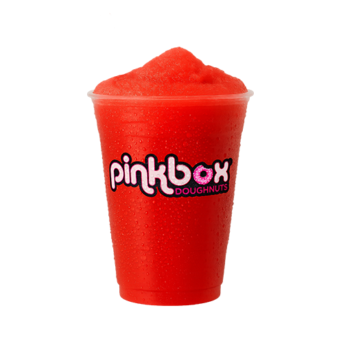 Pinkbox Doughnuts frozen red slush drink in clear cup