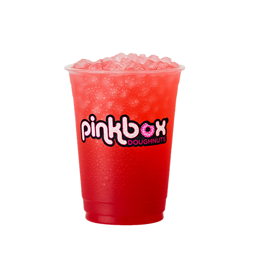Pinkbox Doughnuts iced red drink with ice in clear cup