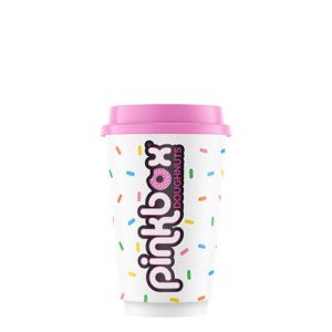 Pinkbox Doughnuts branded paper cup with pink lid on black background