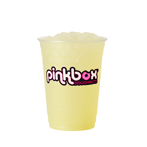 Pinkbox Doughnuts yellow frozen lemonade drink in clear cup