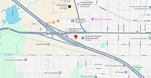 Map showing the location of a Pinkbox Doughnuts store with nearby streets and landmarks.